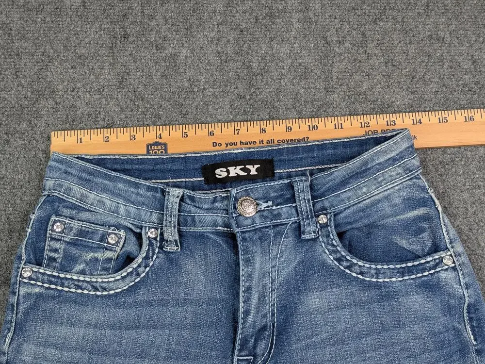 Sky Jeans Juniors 7/8 Blue Flare Low Rise Sparkle Butt Rhinestone Embroidered
